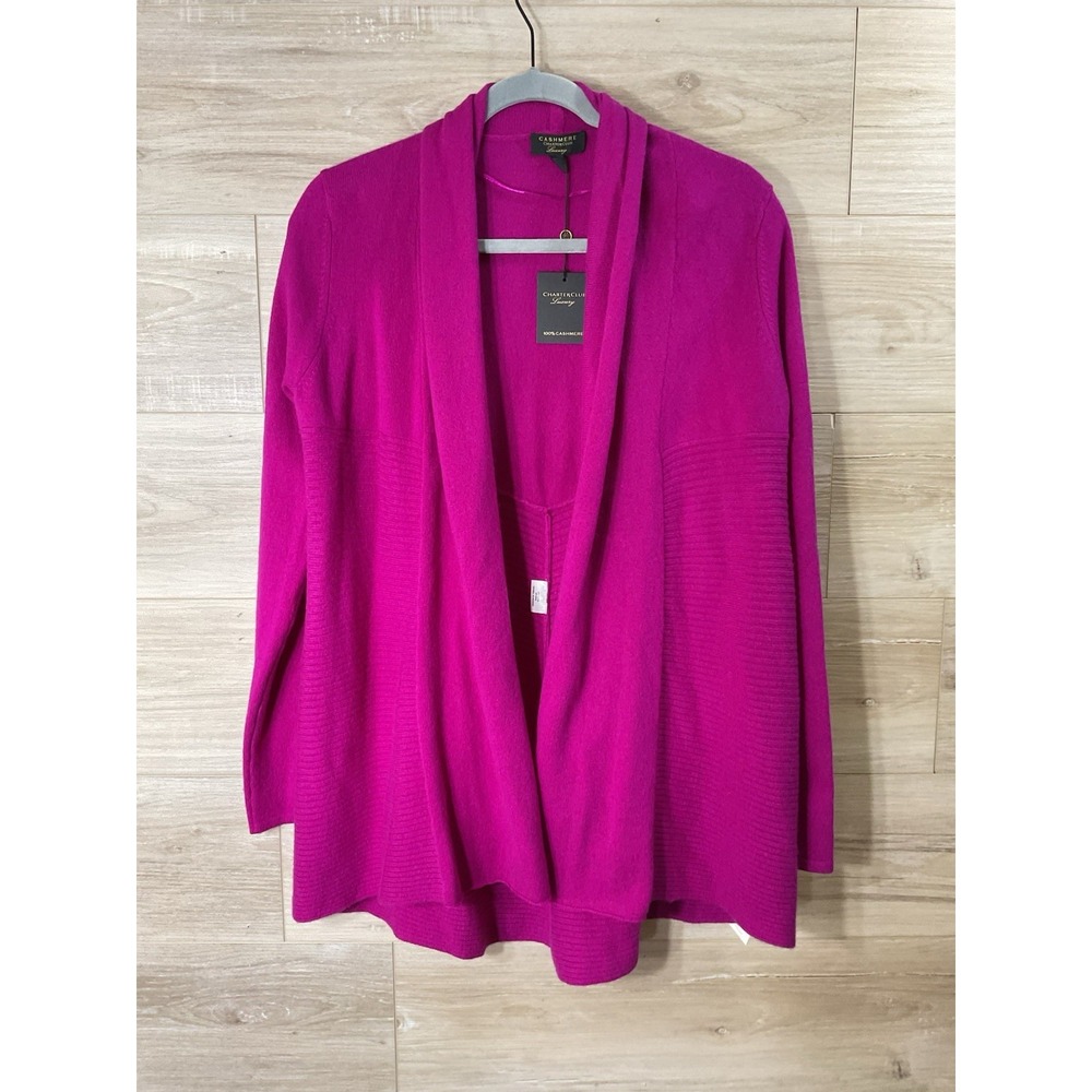 NEW Charter Club Cardigan Cashmere Open Front Fuchsia Pink Medium Cozy